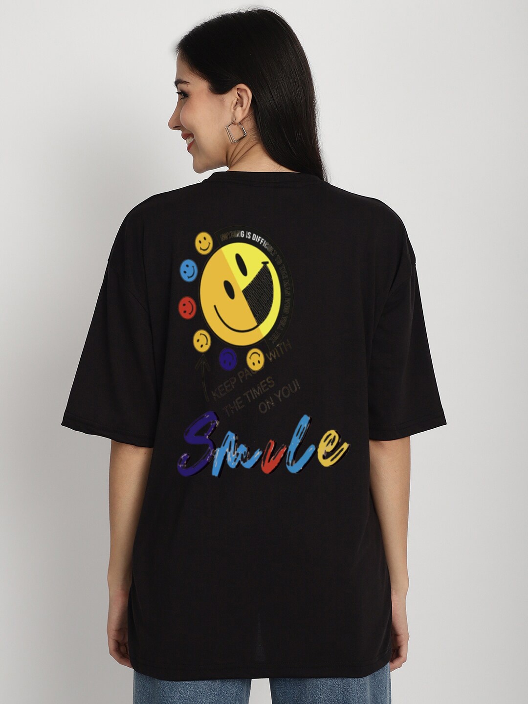 

YOU FOREVER Graphic Printed Drop Shoulder Sleeves Cotton Oversized T-shirt, Black