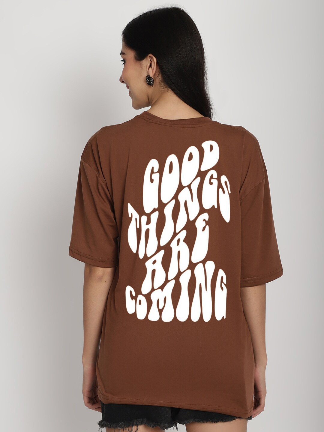 

YOU FOREVER Typography Printed Drop-Shoulder Sleeves Oversized Pure Cotton T-shirt, Brown