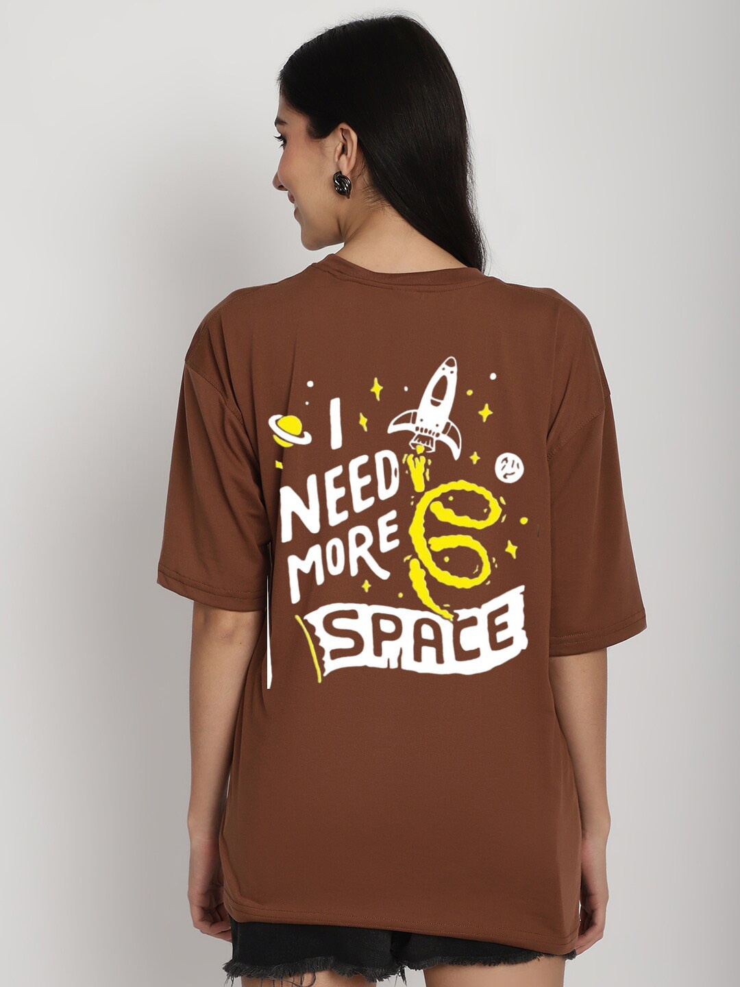 

YOU FOREVER Printed Oversized Longline Cotton T-shirt, Brown