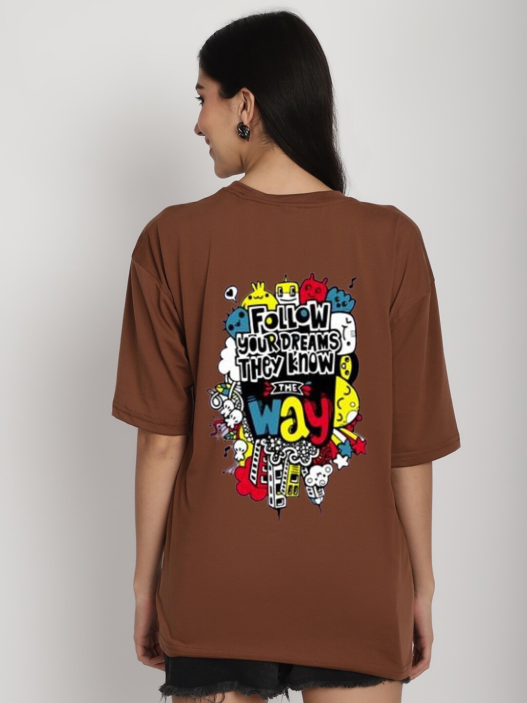 

YOU FOREVER Printed Oversized Longline Cotton T-shirt, Brown