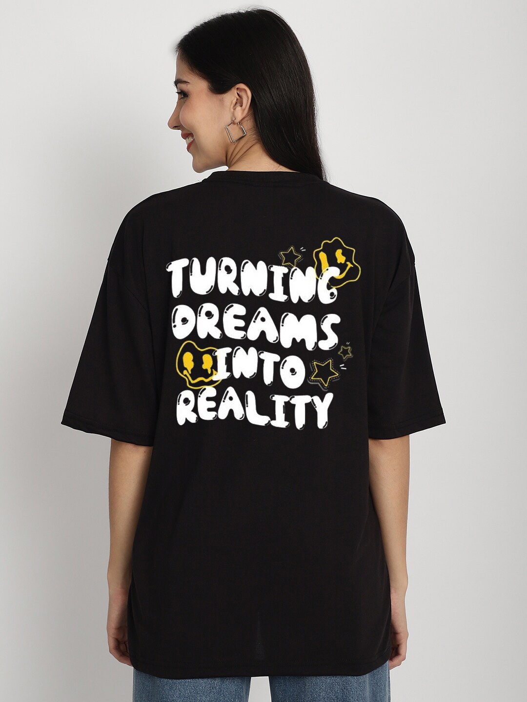 

YOU FOREVER Typography Printed Drop-Shoulder Sleeves Oversized Cotton Longline T-shirt, Black