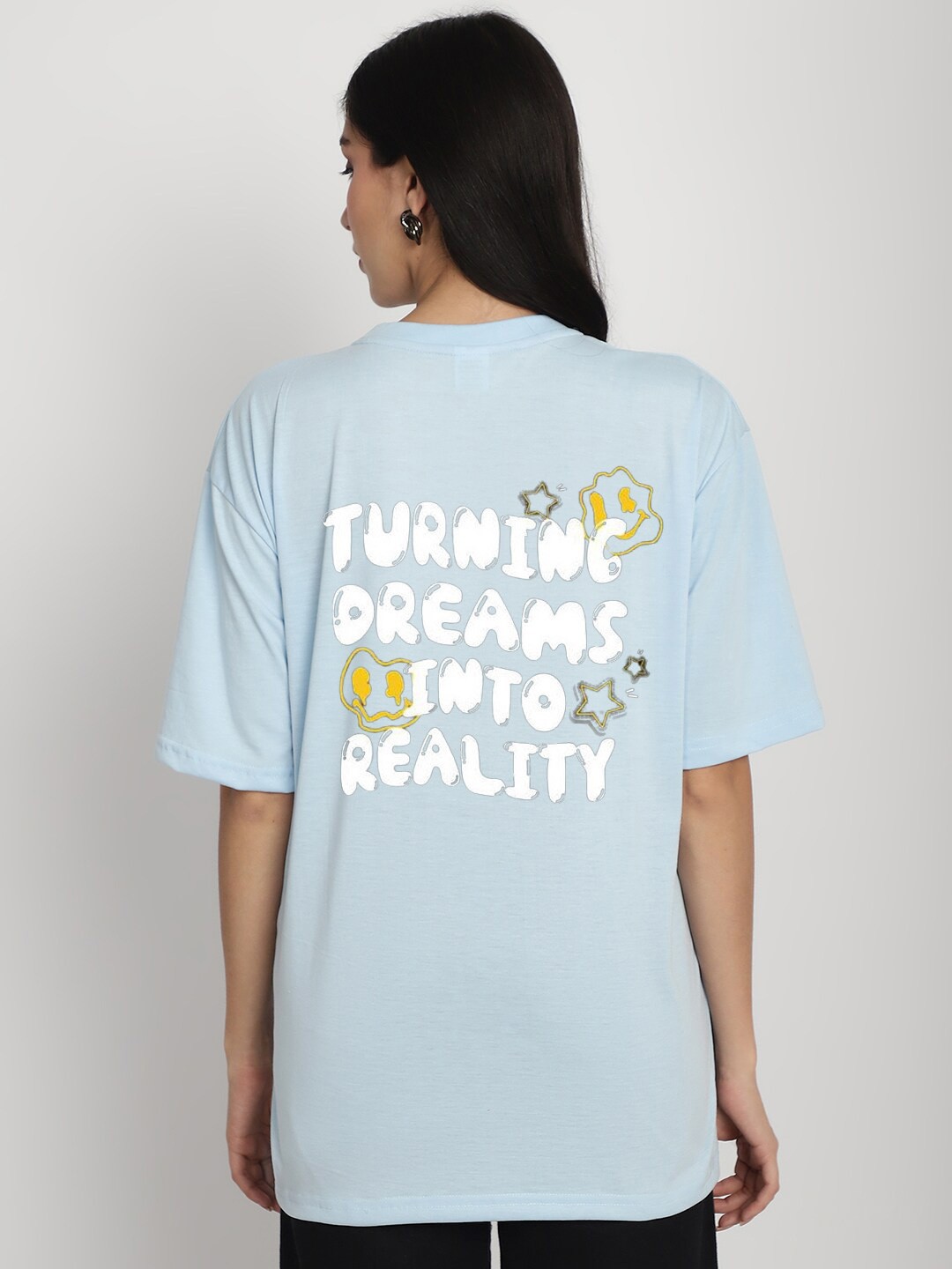 

YOU FOREVER Typography Printed Drop-Shoulder Sleeves Oversized Cotton Longline T-shirt, Blue