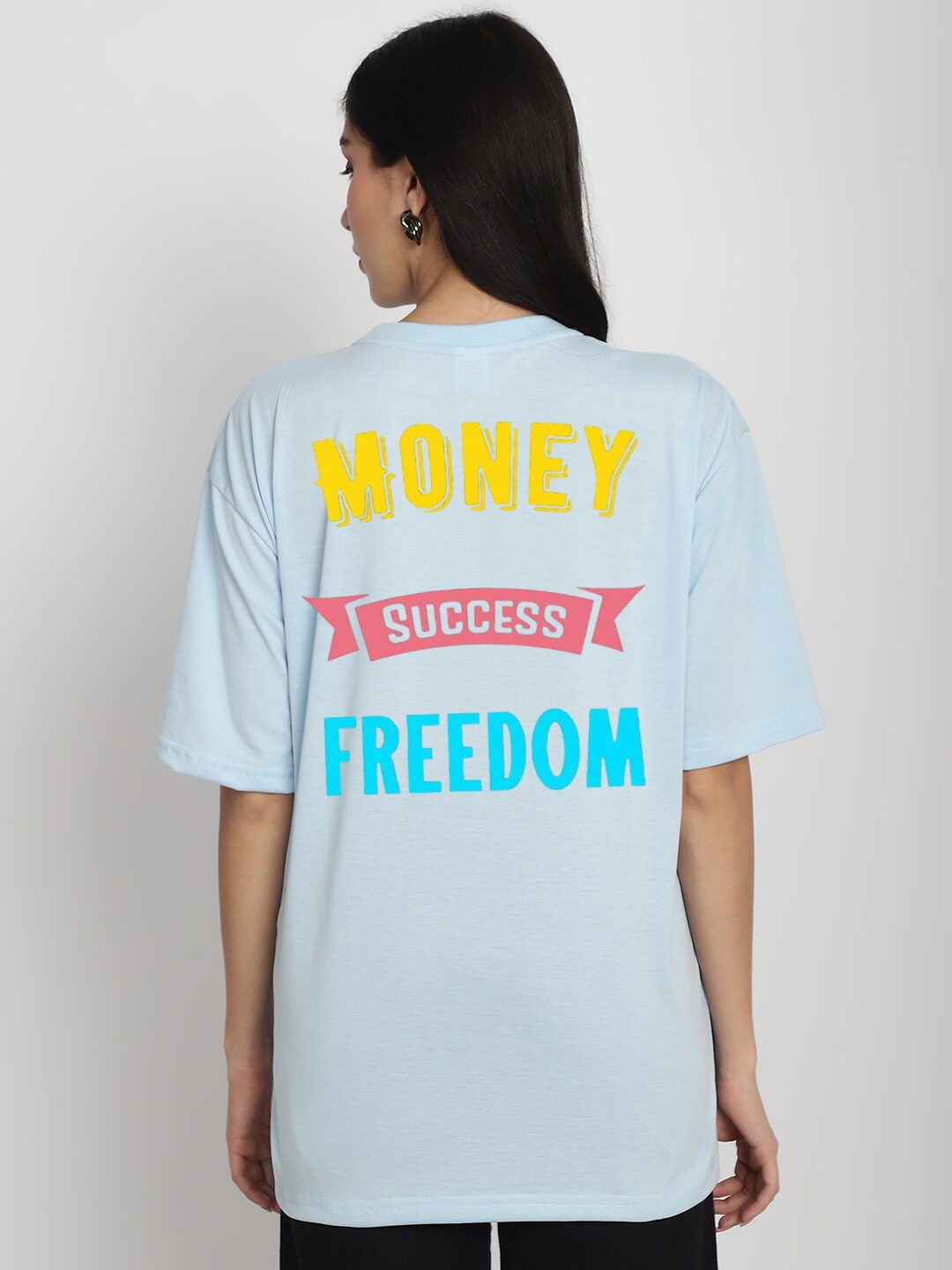 

YOU FOREVER Typography Printed Drop-Shoulder Sleeves Oversized Cotton T-shirt, Blue
