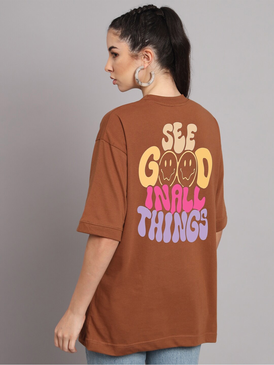 

YOU FOREVER Printed Oversized Longline Cotton T-shirt, Brown