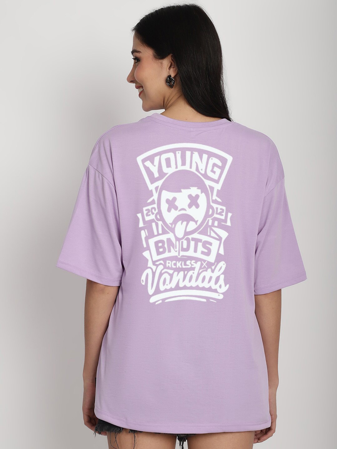 

YOU FOREVER Typography Printed Drop-Shoulder Sleeves Oversized Pure Cotton T-shirt, Purple