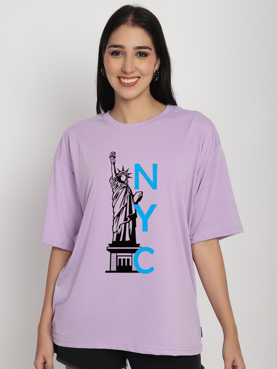 

YOU FOREVER Typography Printed Oversized Longline Cotton T-shirt, Purple