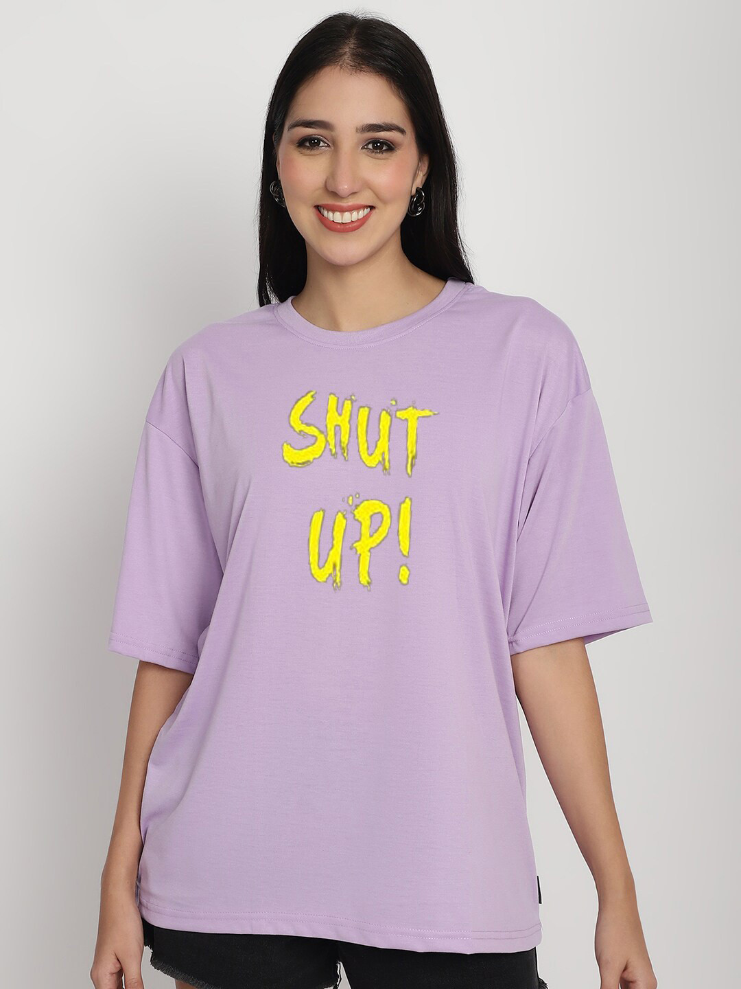 

YOU FOREVER Typography Printed Drop-Shoulder Sleeves Oversized Cotton T-shirt, Purple
