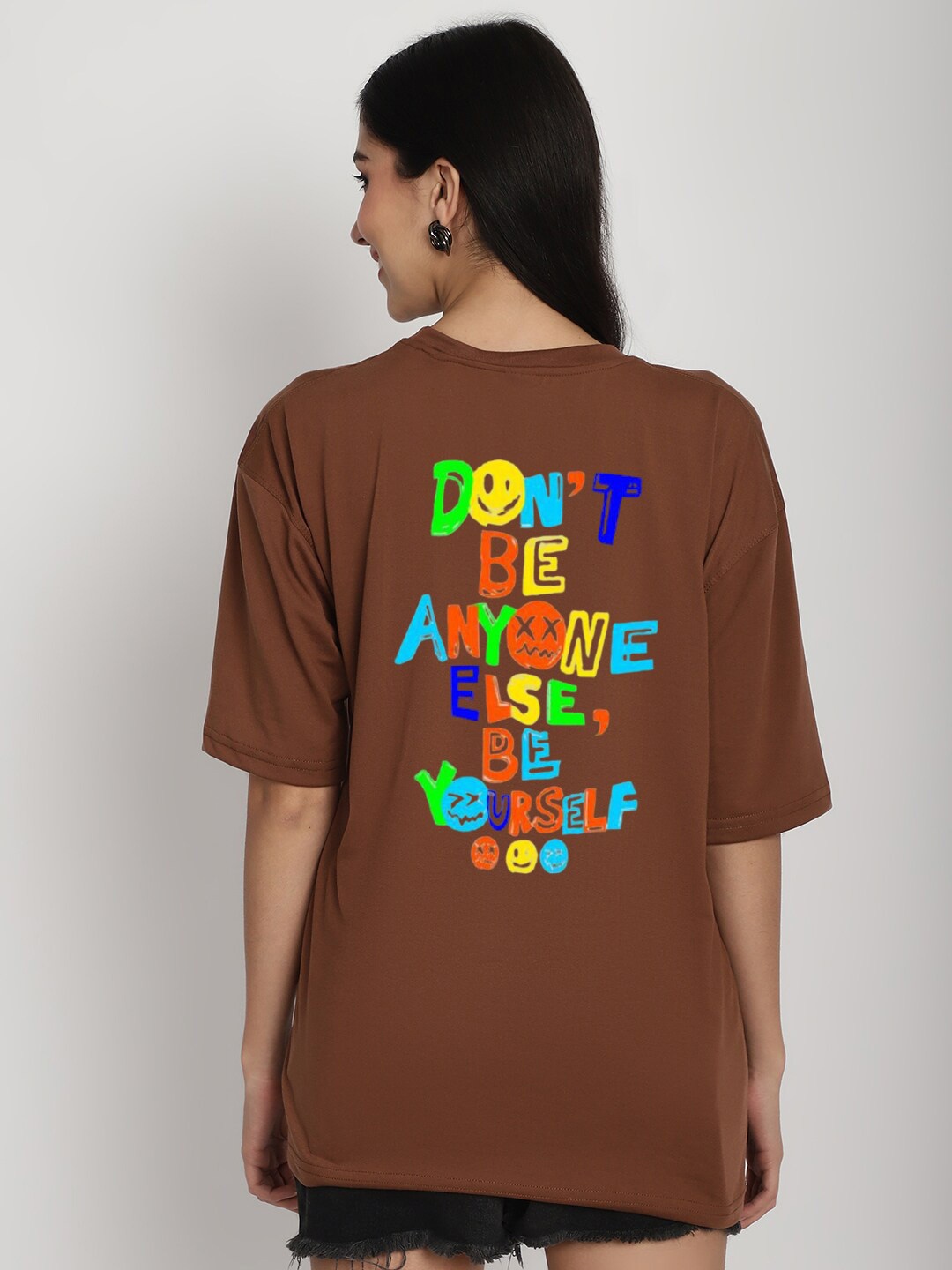

YOU FOREVER Printed Oversized Longline Cotton T-shirt, Brown