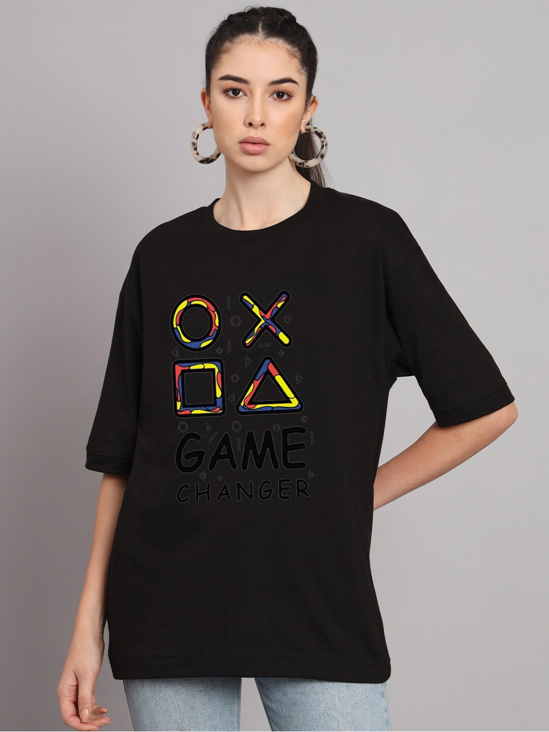 

YOU FOREVER Graphic Printed Drop-Shoulder Sleeves Oversized Cotton T-shirt, Black