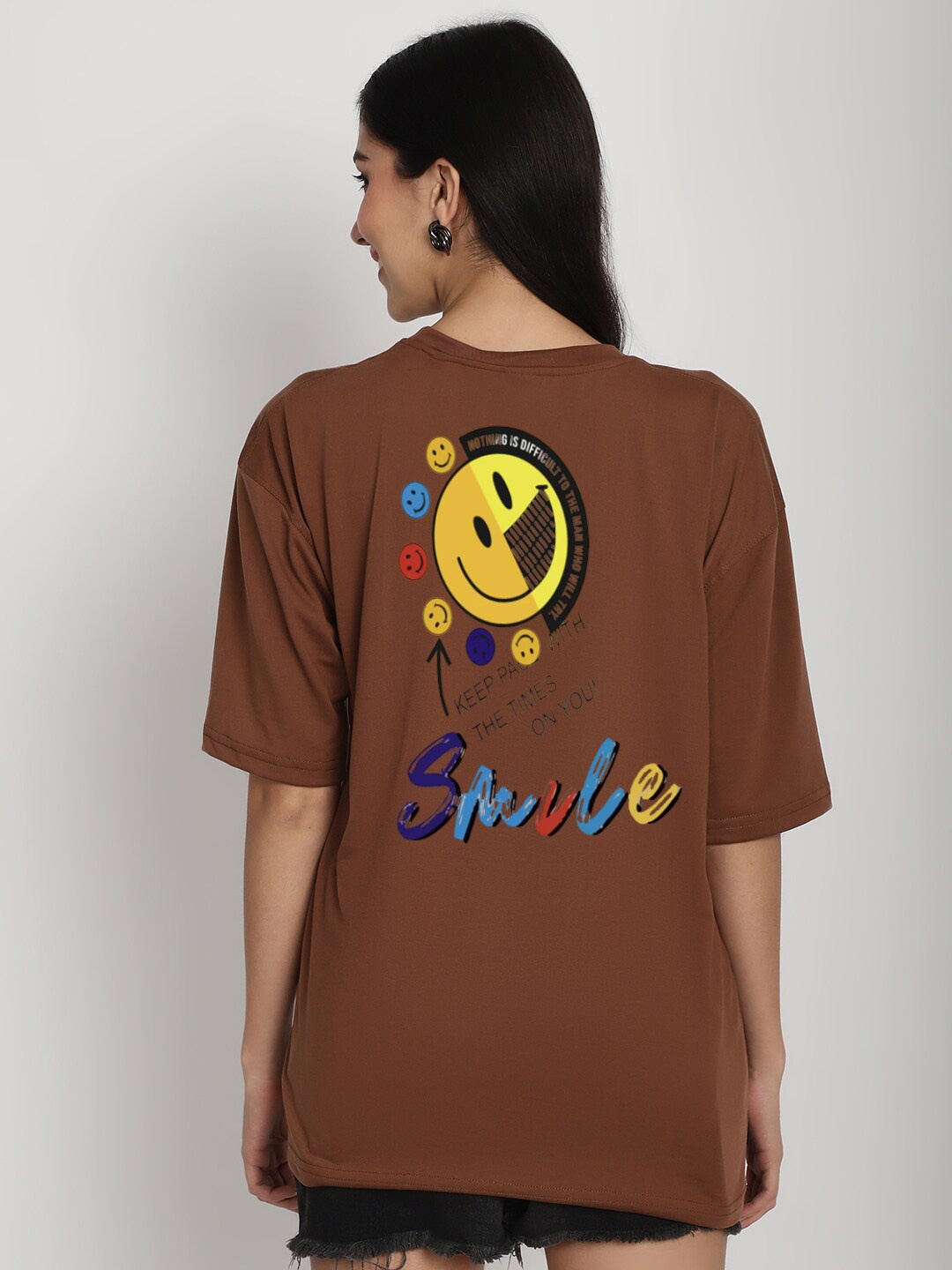 

YOU FOREVER Printed Drop Shoulder Sleeves Oversized Cotton T-shirt, Brown