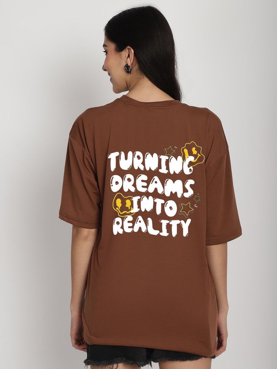 

YOU FOREVER Printed Oversized Longline Cotton T-shirt, Brown