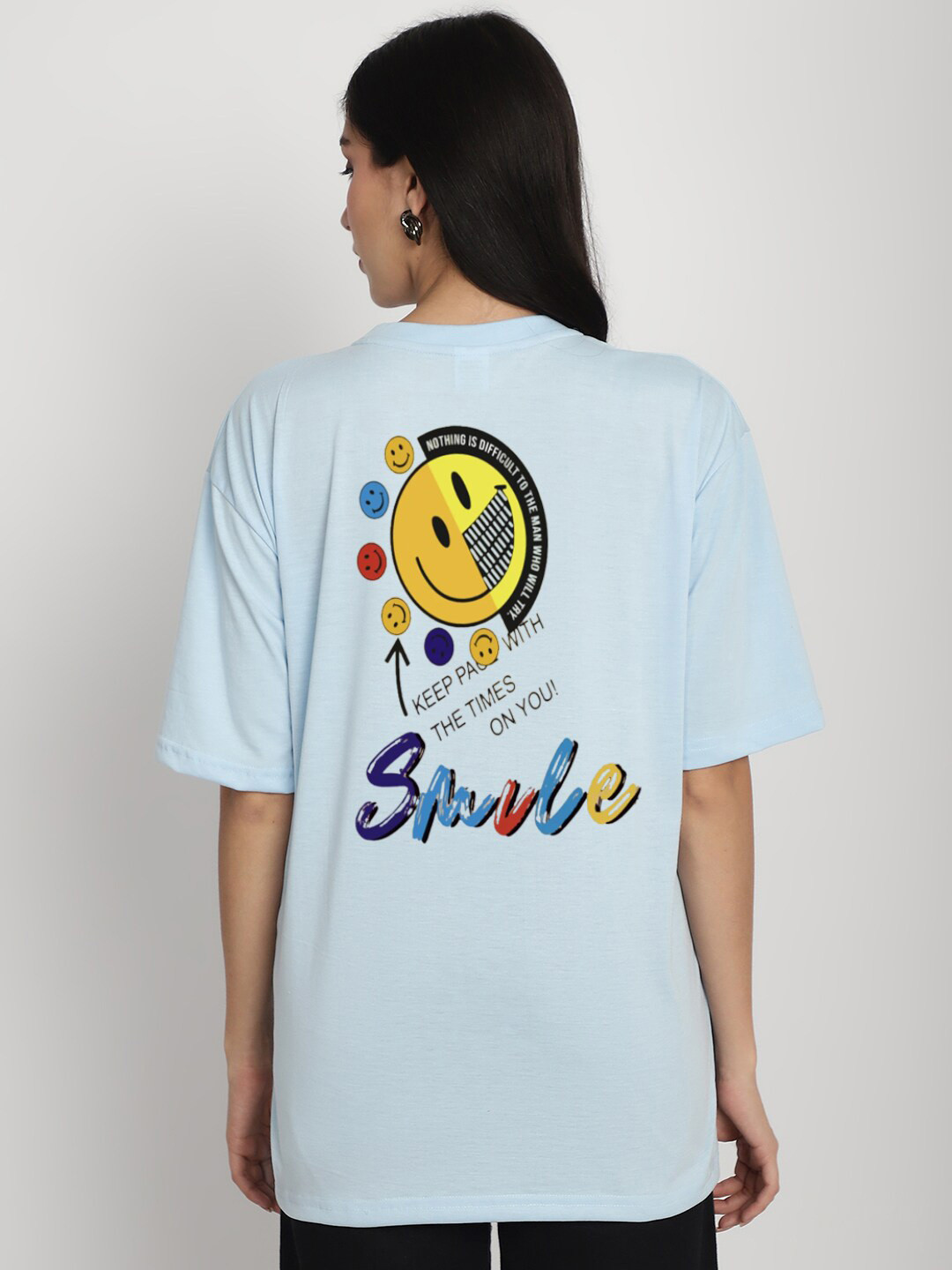 

YOU FOREVER Printed Oversized Longline Cotton T-shirt, Blue