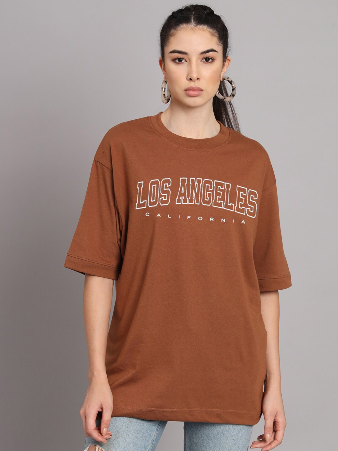 

YOU FOREVER Typography Printed Drop Shoulder Sleeves Cotton Oversized T-shirt, Brown