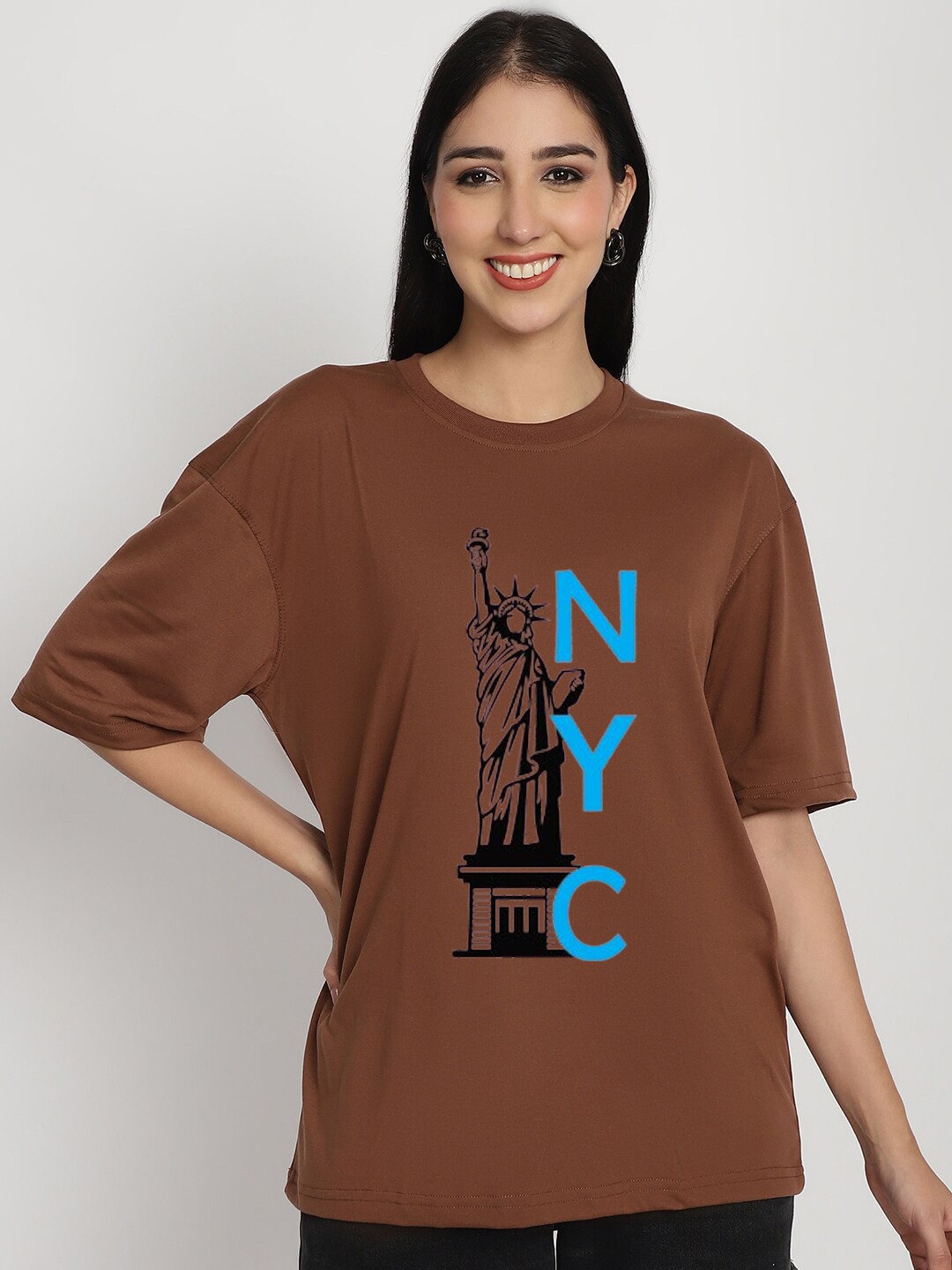 

YOU FOREVER Graphic Printed Drop-Shoulder Sleeves Oversized Pure Cotton T-shirt, Brown