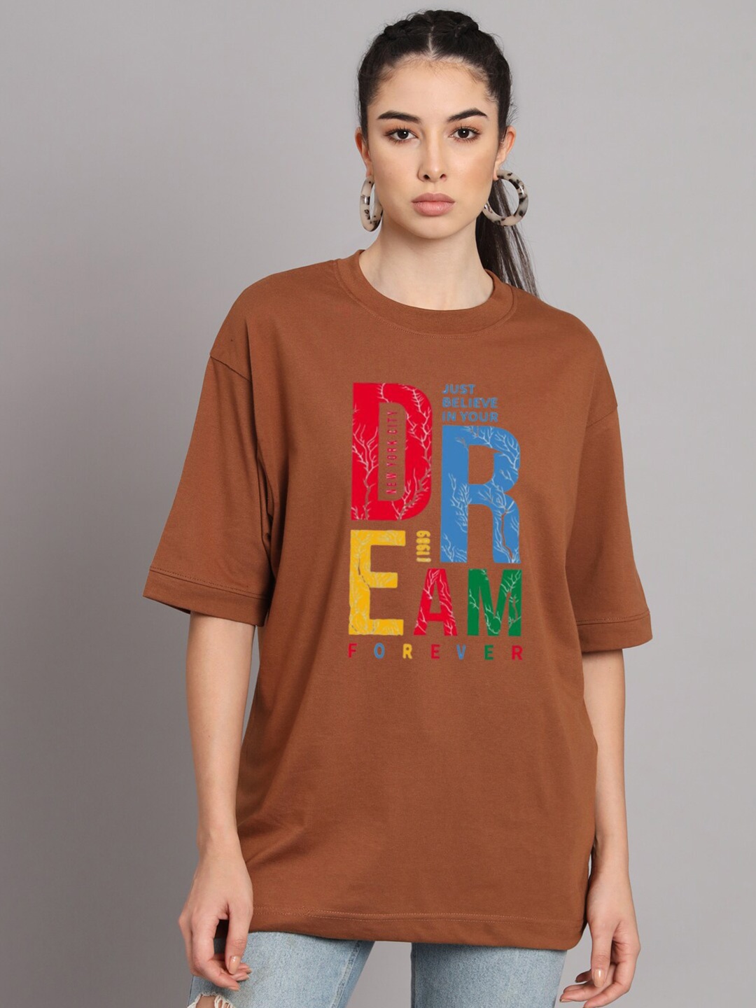 

YOU FOREVER Typography Printed Cotton T-shirt, Brown