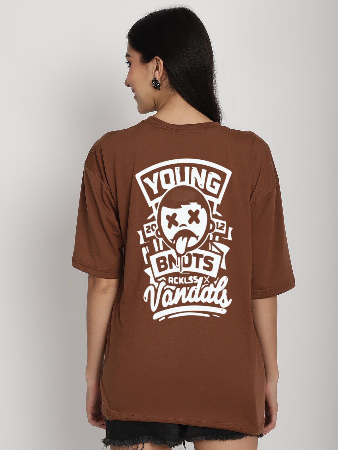 

YOU FOREVER Printed Oversized Longline Cotton T-shirt, Brown