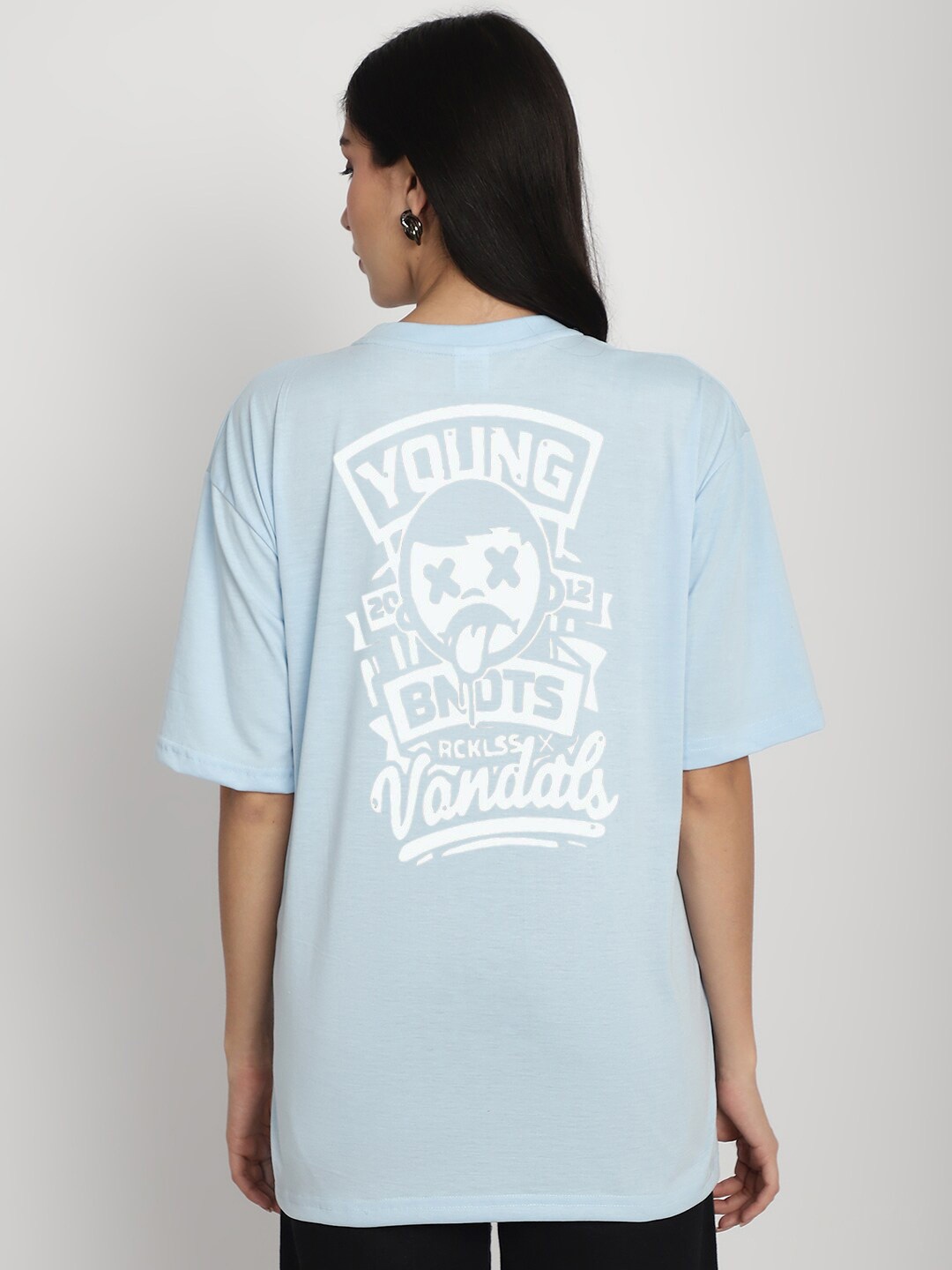 

YOU FOREVER Typography Printed Drop-Shoulder Sleeves Oversized Cotton T-shirt, Blue