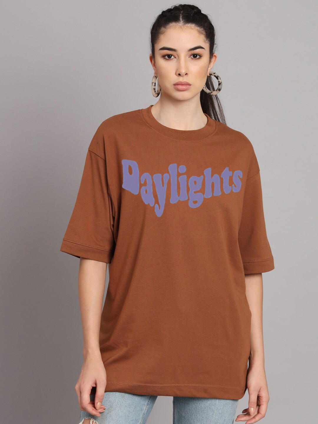 

YOU FOREVER Typography Printed Drop-Shoulder Sleeves Cotton Oversized T-Shirt, Brown