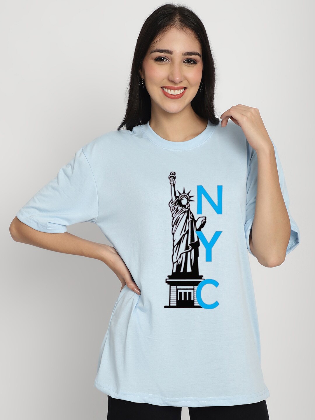 

YOU FOREVER Typography Printed Drop-Shoulder Sleeves Longline Oversized Cotton T-shirt, Blue
