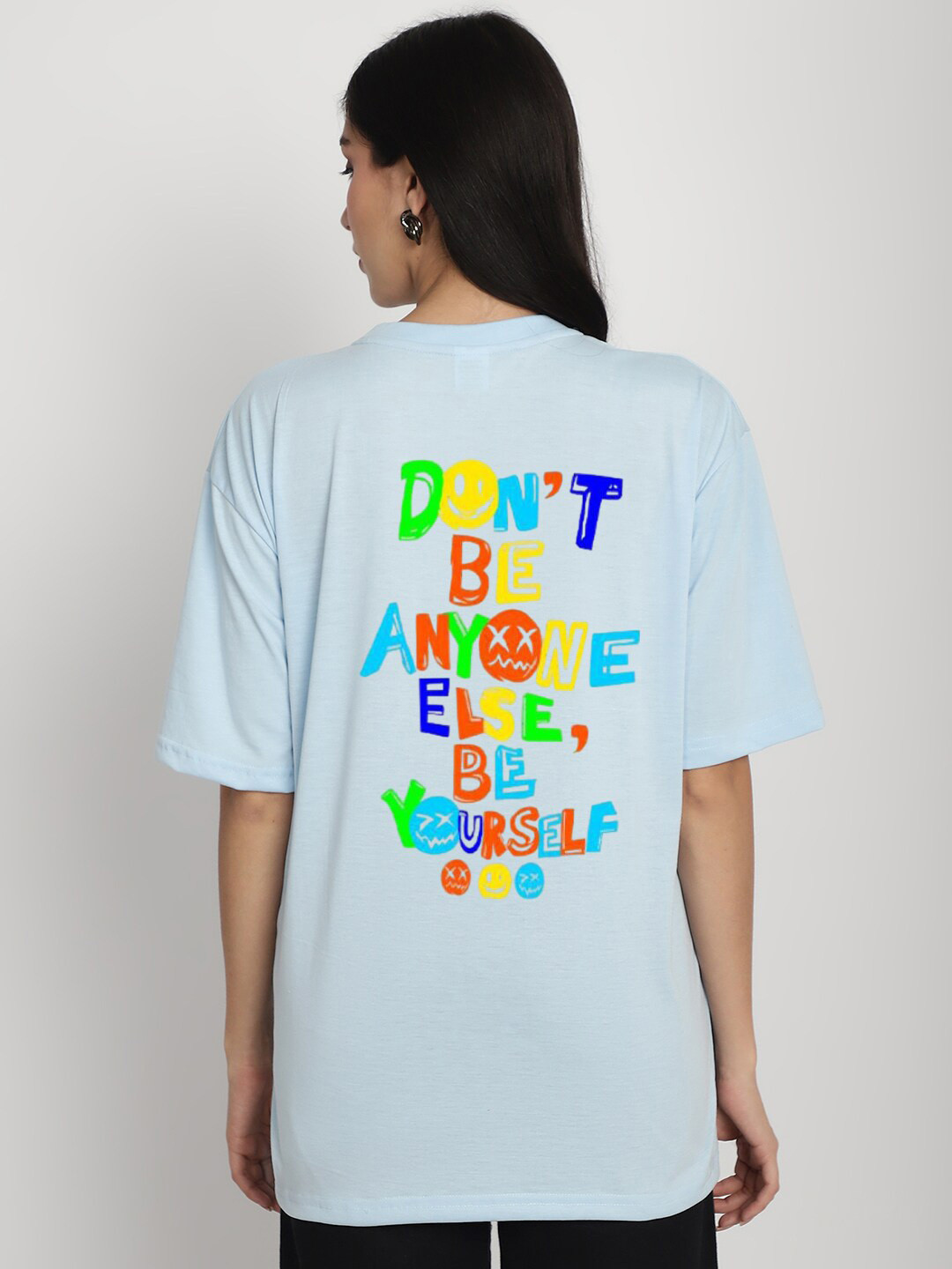 

YOU FOREVER Typography Printed Drop Shoulder Sleeves Cotton Oversized T-shirt, Blue