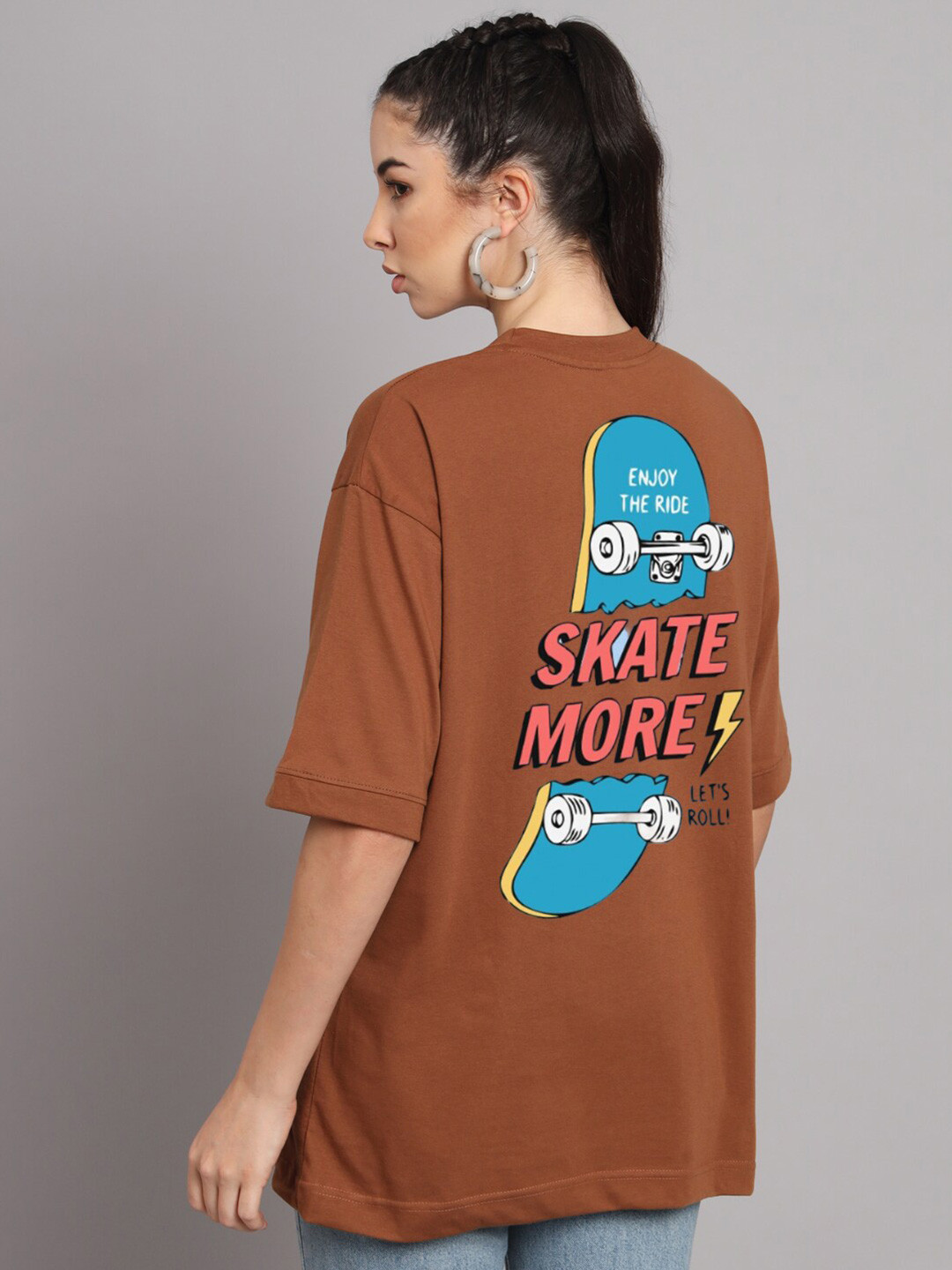 

YOU FOREVER Typography Printed Oversized Longline Cotton T-shirt, Brown