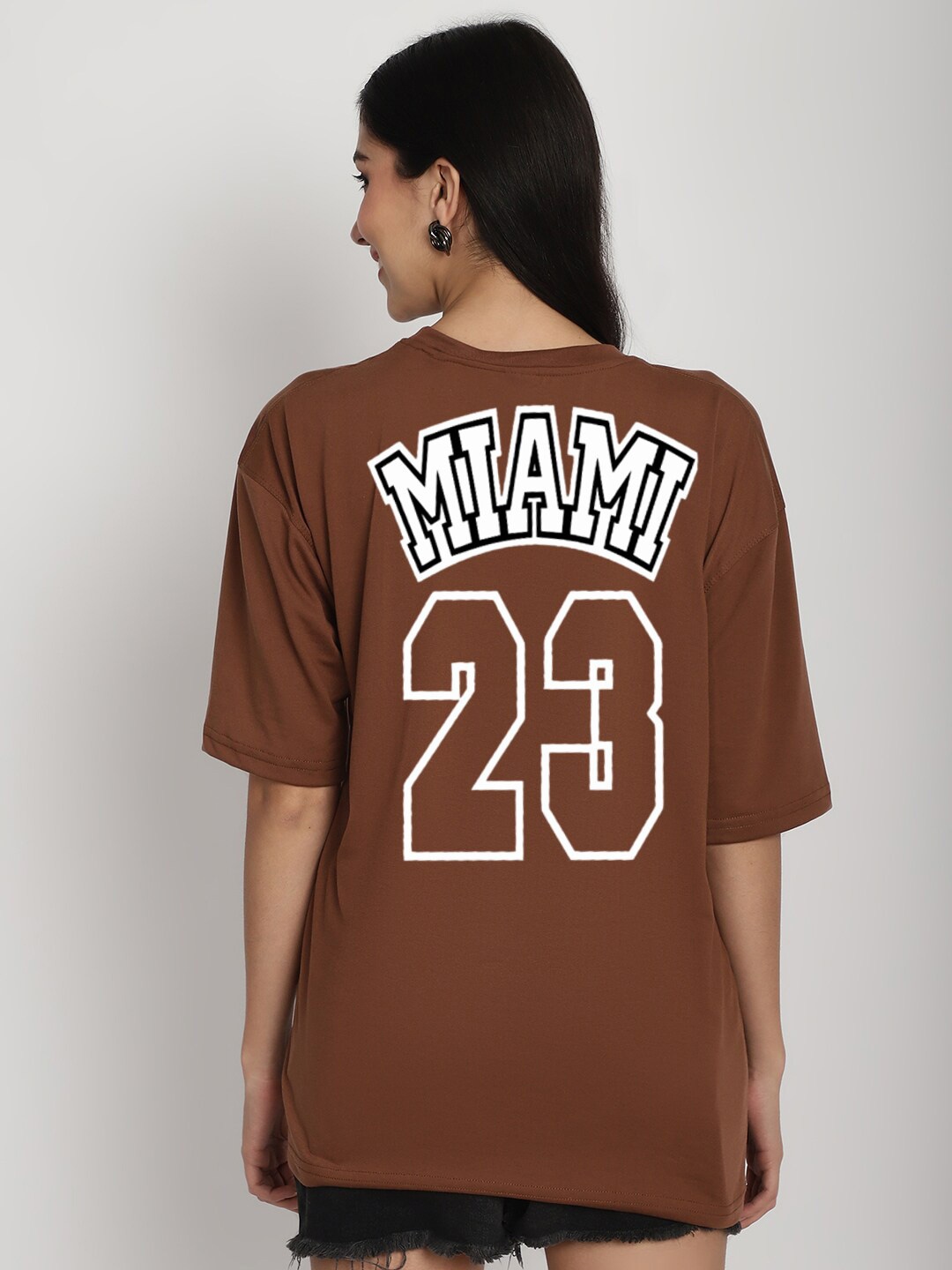 

YOU FOREVER Typography Printed Drop-Shoulder Sleeves Cotton Oversized T-Shirt, Brown
