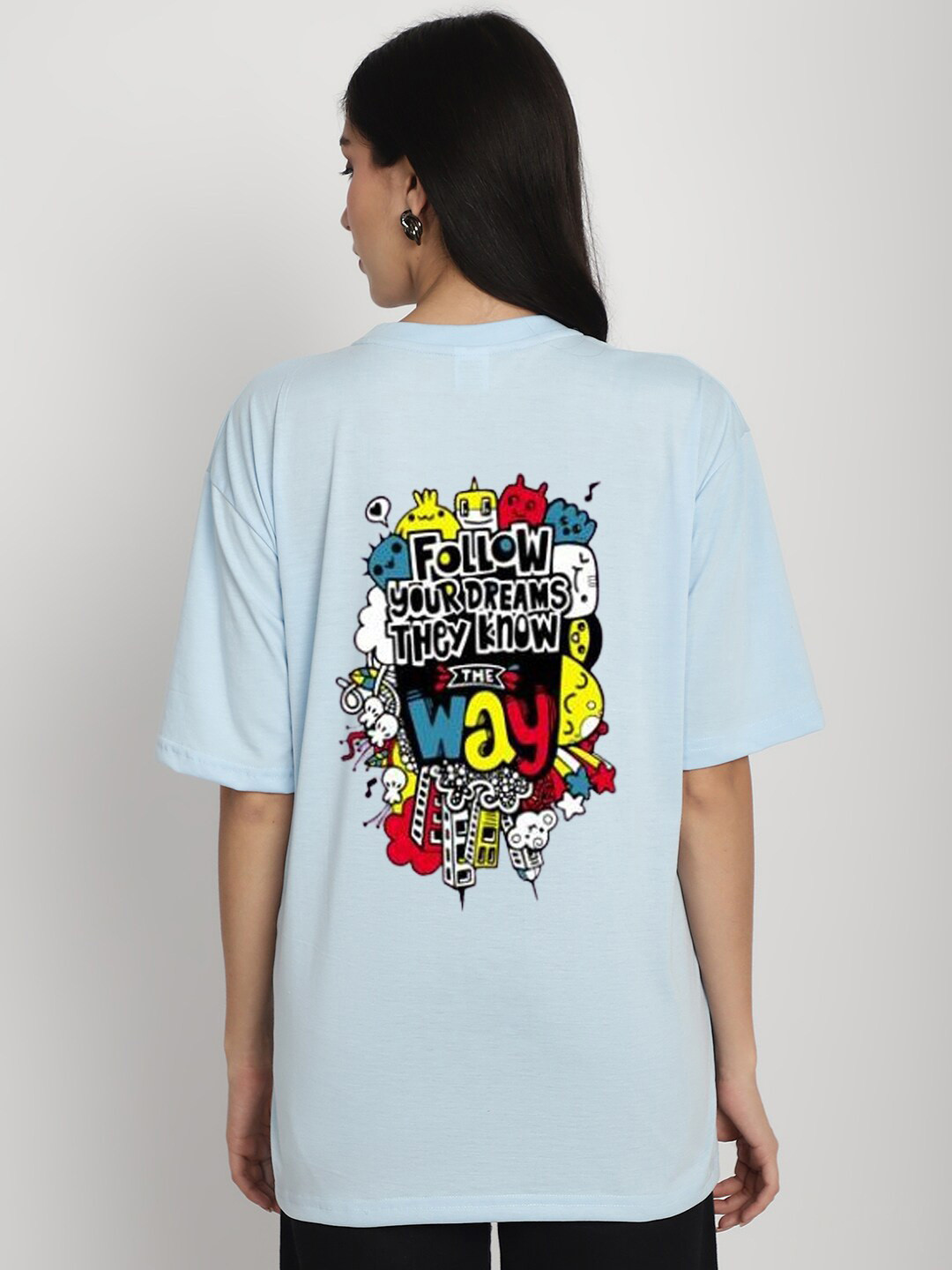 

YOU FOREVER Typography Printed Drop-Shoulder Sleeves Oversized Cotton T-shirt, Blue