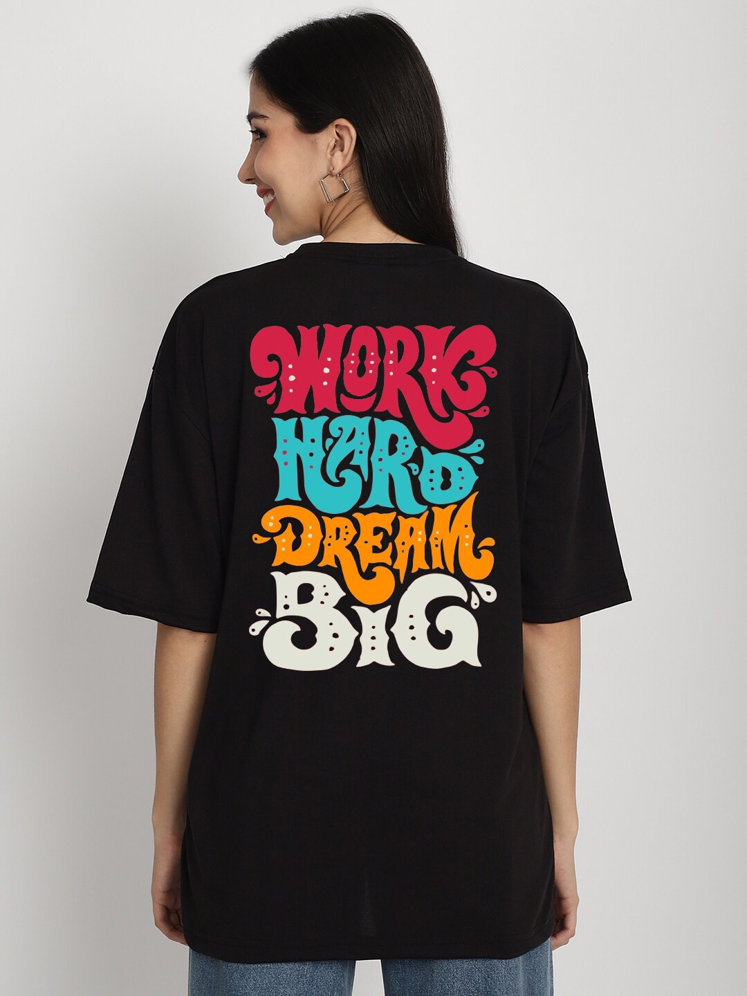 

YOU FOREVER Typography Printed Drop-Shoulder Sleeves Cotton Oversized Longline T-shirt, Black