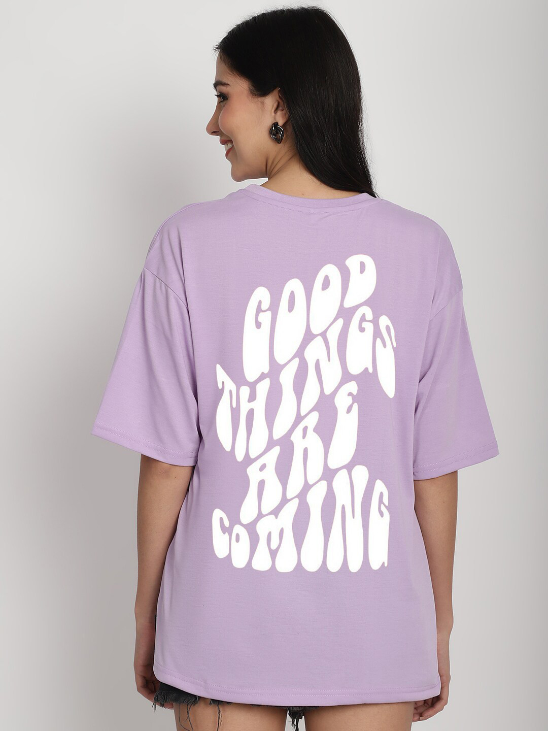 

YOU FOREVER Typography Printed Drop-Shoulder Sleeves Cotton Oversized Longline T-shirt, Purple