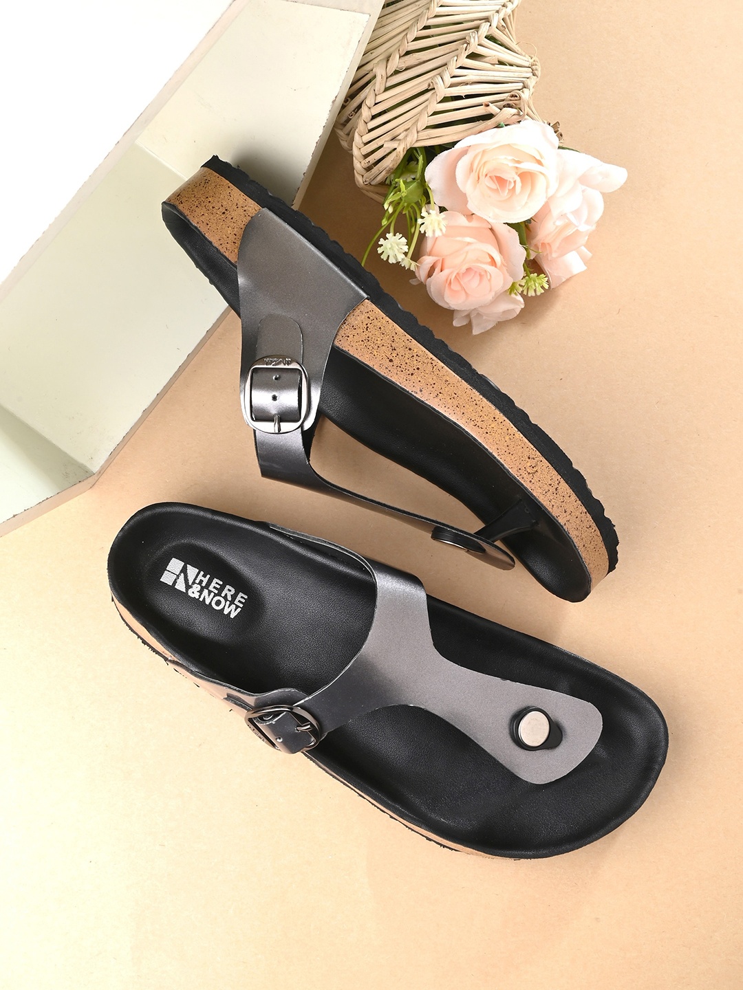 

HERE&NOW T-Strap Flats With Buckles, Silver