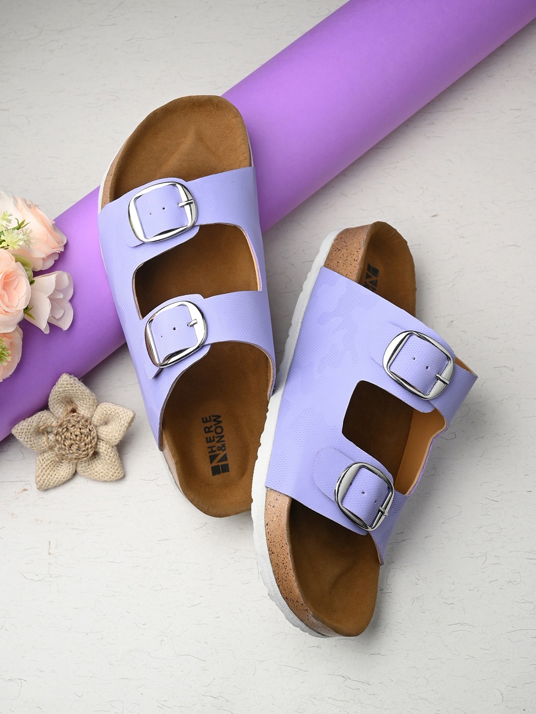 

HERE&NOW Open Toe Flats with Buckles, Purple