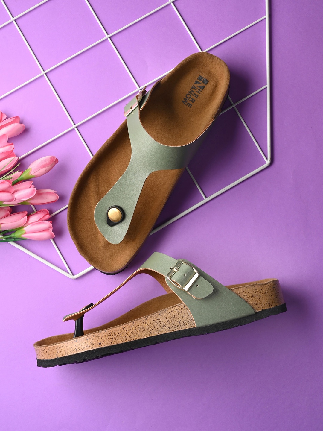 

HERE&NOW T-Strap Flats with Buckles, Green