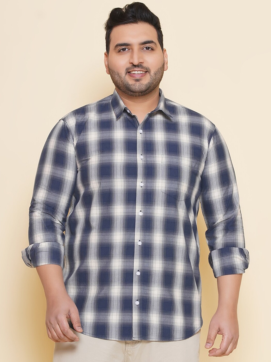 

John Pride Plus Size Checked Cotton Casual Shirt, Blue