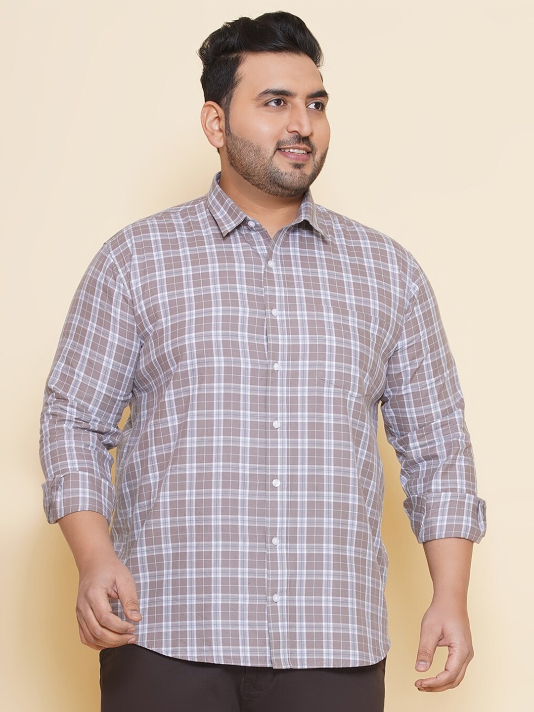 

John Pride Plus Size Tartan Checked Spread Collar Cotton Casual Shirt, Brown