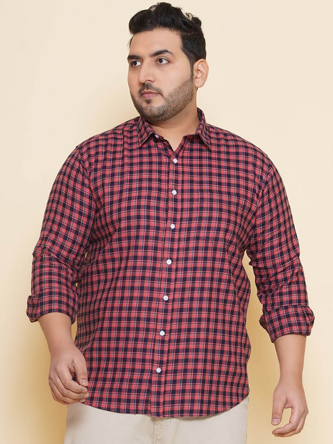 

John Pride Plus Size Gingham Checked Spread Collar Cotton Casual Shirt, Red