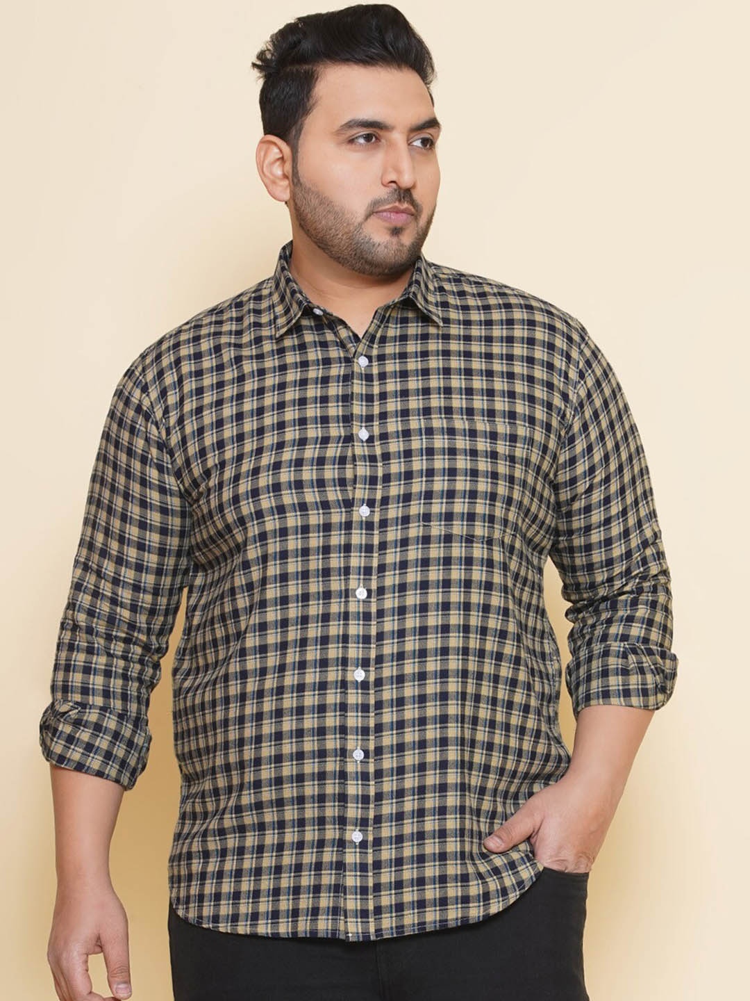 

John Pride Plus Size Gingham Checked Spread Collar Cotton Casual Shirt, Yellow