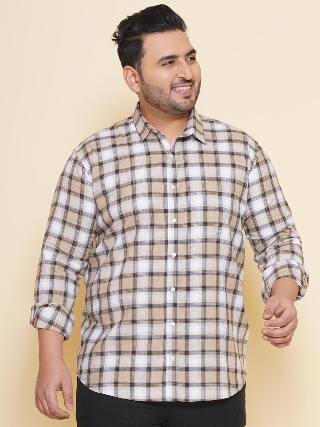 

John Pride Plus Size Tartan Checked Spread Collar Cotton Casual Shirt, White