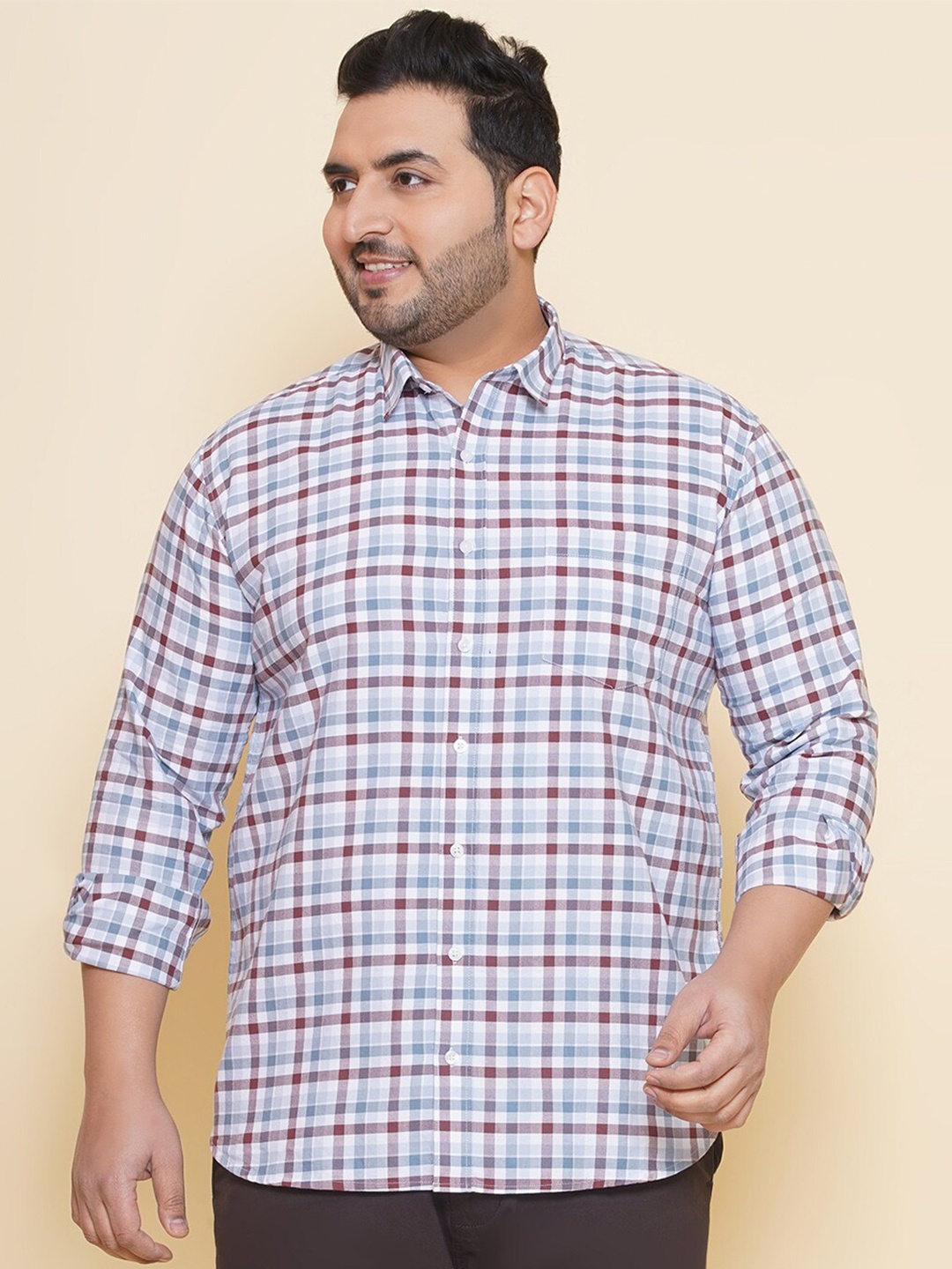 

John Pride Plus Size Shepherd Checked Spread Collar Cotton Casual Shirt, White