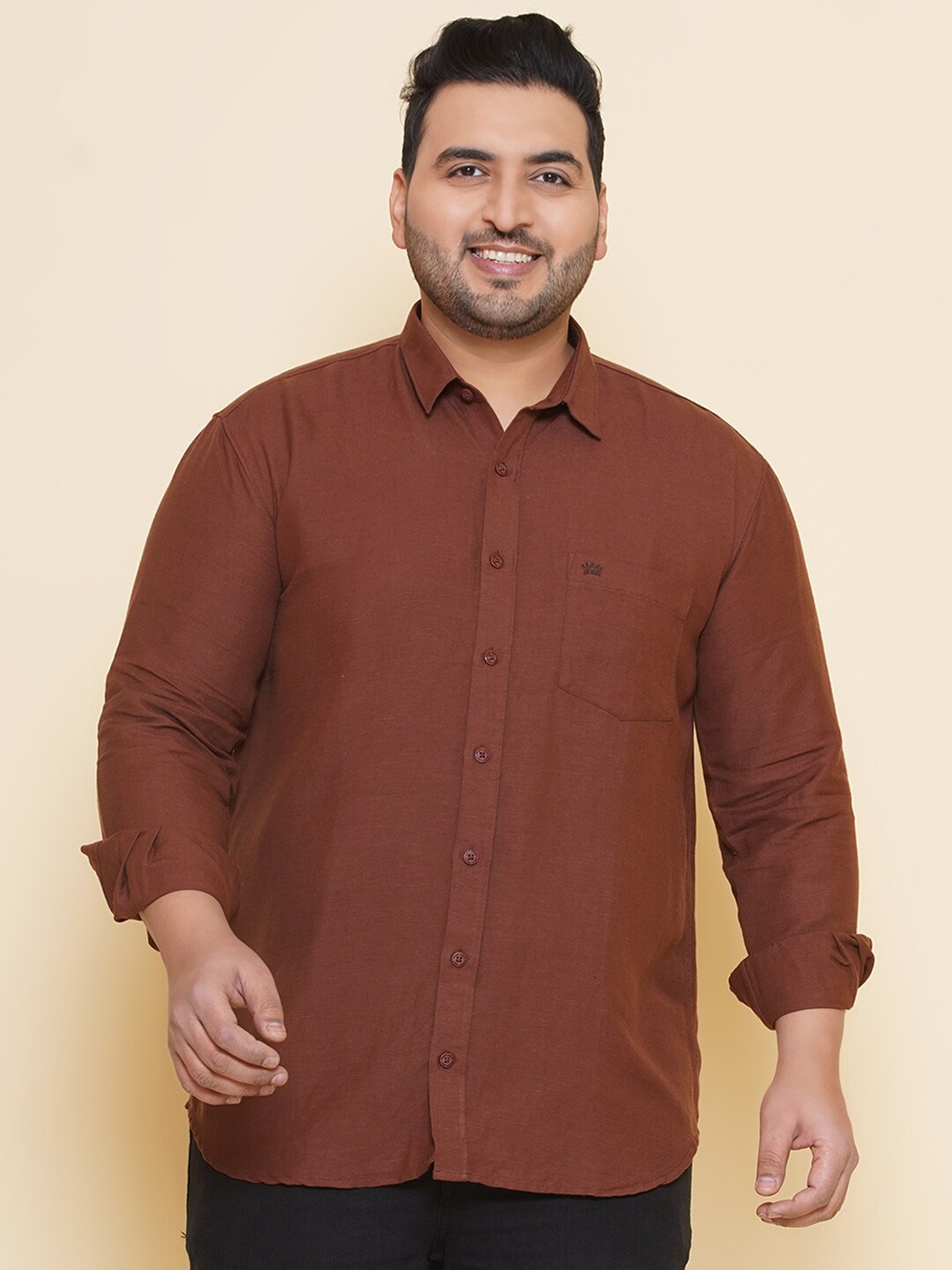 

John Pride Plus Size Spread Collar Cotton Linen Casual Shirt, Brown