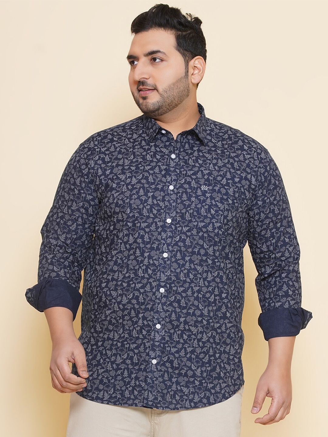 

John Pride Plus Size Floral Printed Spread Collar Cotton Casual Shirt, Blue