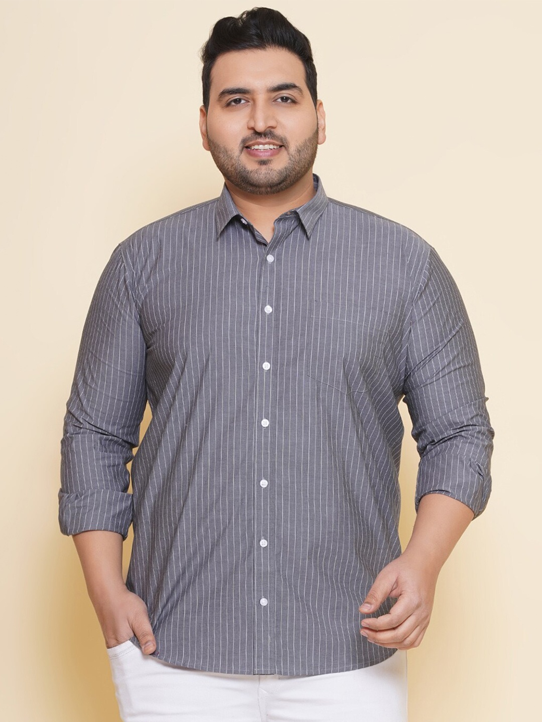 

John Pride Plus Size Vertical Striped Spread Collar Casual Shirt, Grey