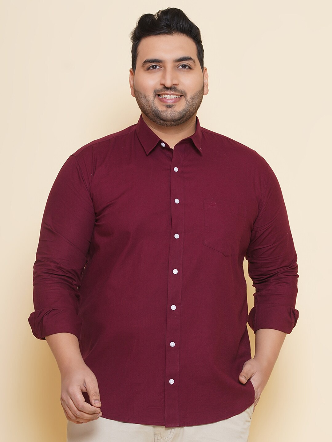 

John Pride Plus Size Spread Collar Cotton Linen Casual Shirt, Maroon