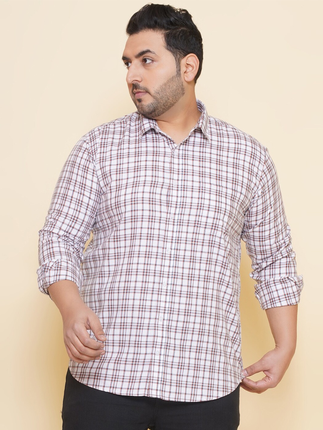 

John Pride Plus Size Tartan Checked Cotton Casual Shirt, White