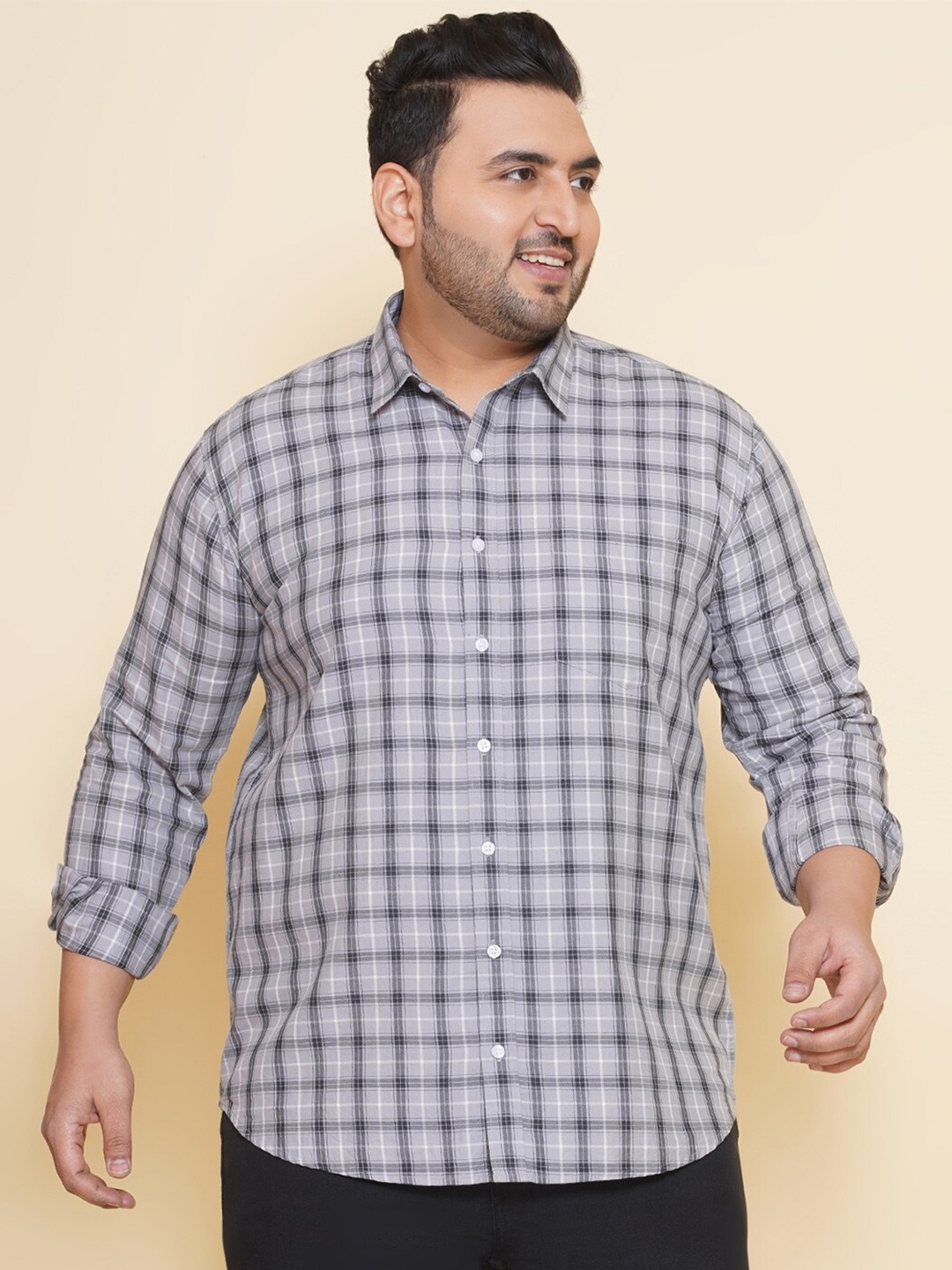 

John Pride Plus Size Tartan Checked Cotton Casual Shirt, Grey