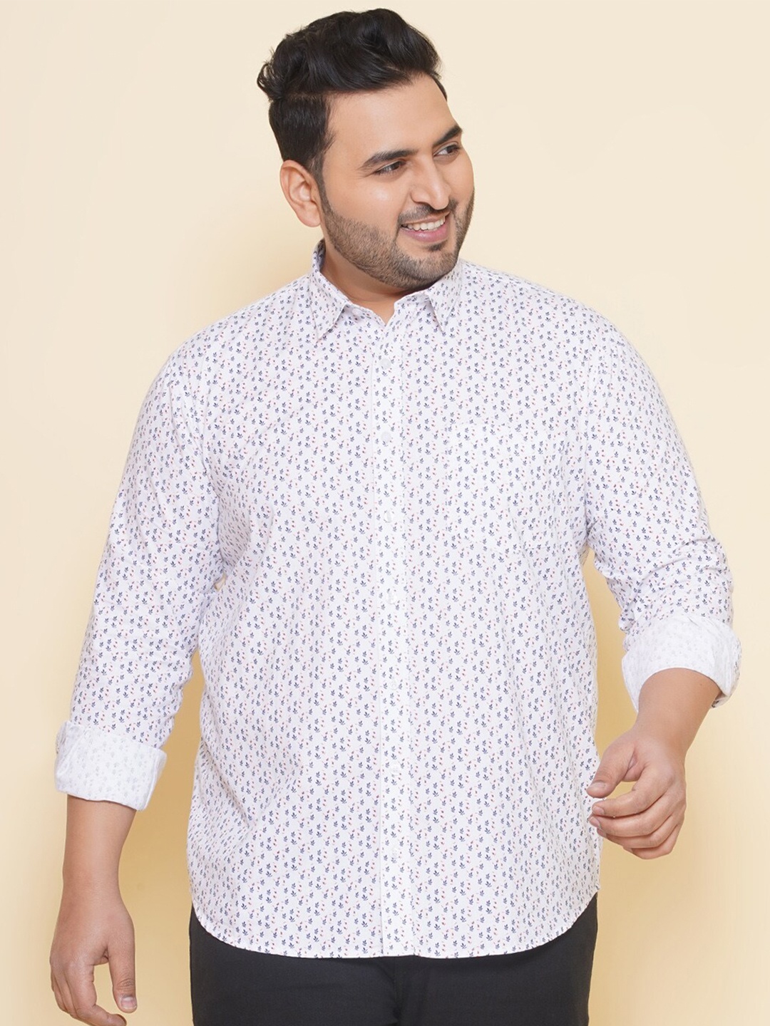 

John Pride Plus Size Micro Ditsy Printed Cotton Casual Shirt, White