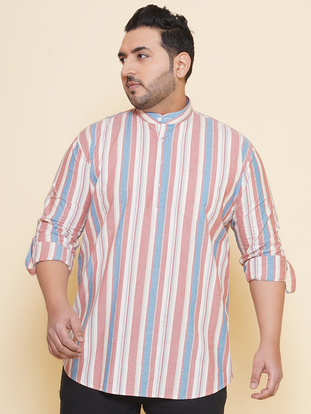 

John Pride Plus Size Vertical Striped Band Collar Cotton Linen Casual Shirt, White
