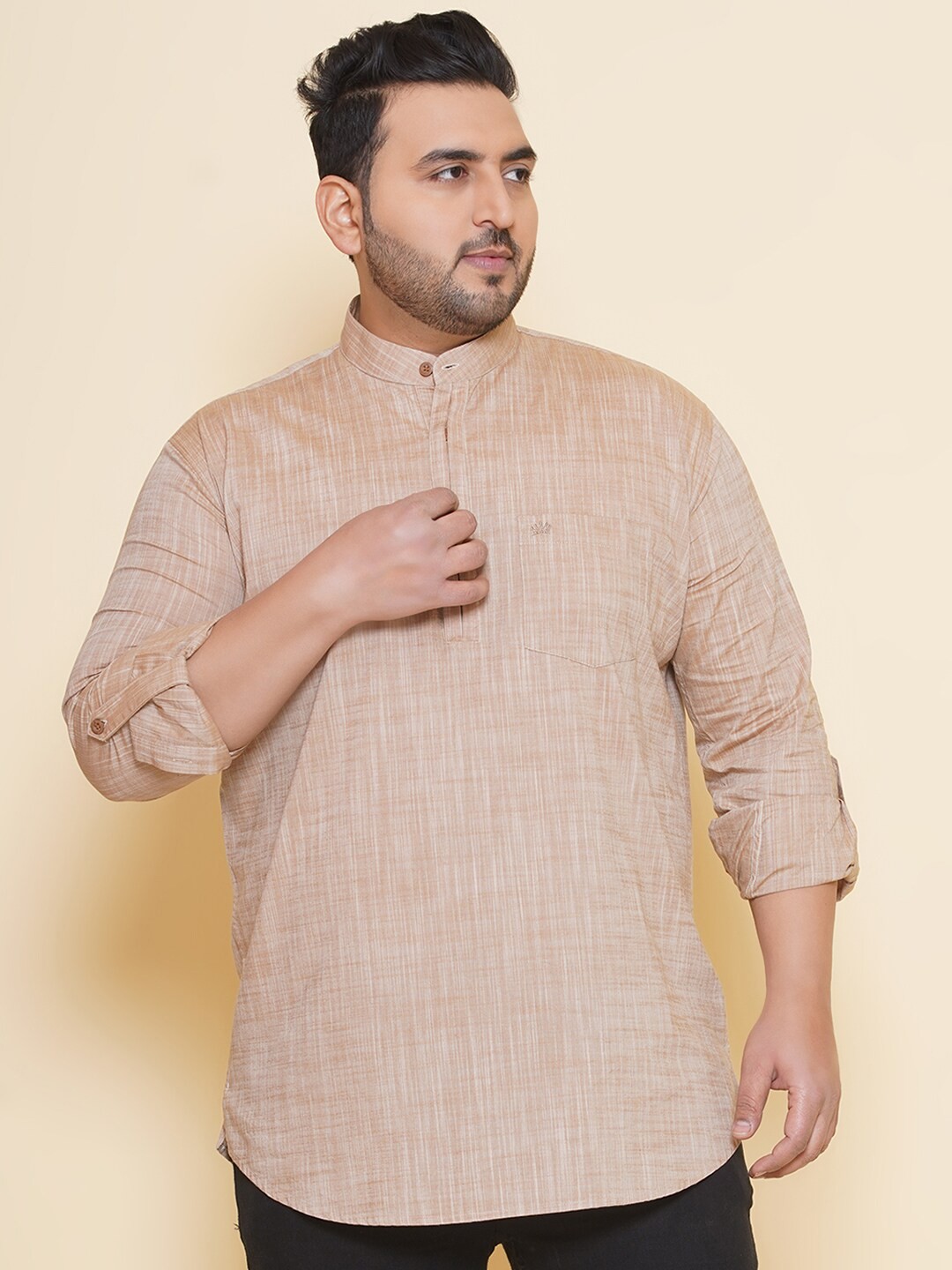 

John Pride Plus Size Band Collar Cotton Casual Shirt, Brown