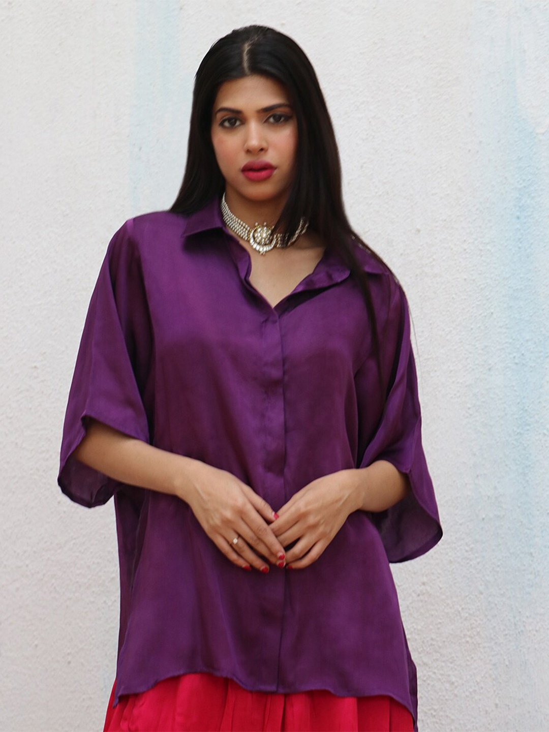 

Chidiyaa Cuffed Sleeves Modal Silk Shirt Style Top, Purple