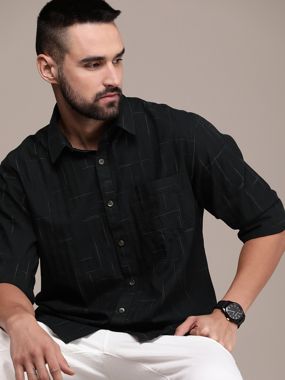 

Burnt Umber Men Self Design Casual Shirt, Black