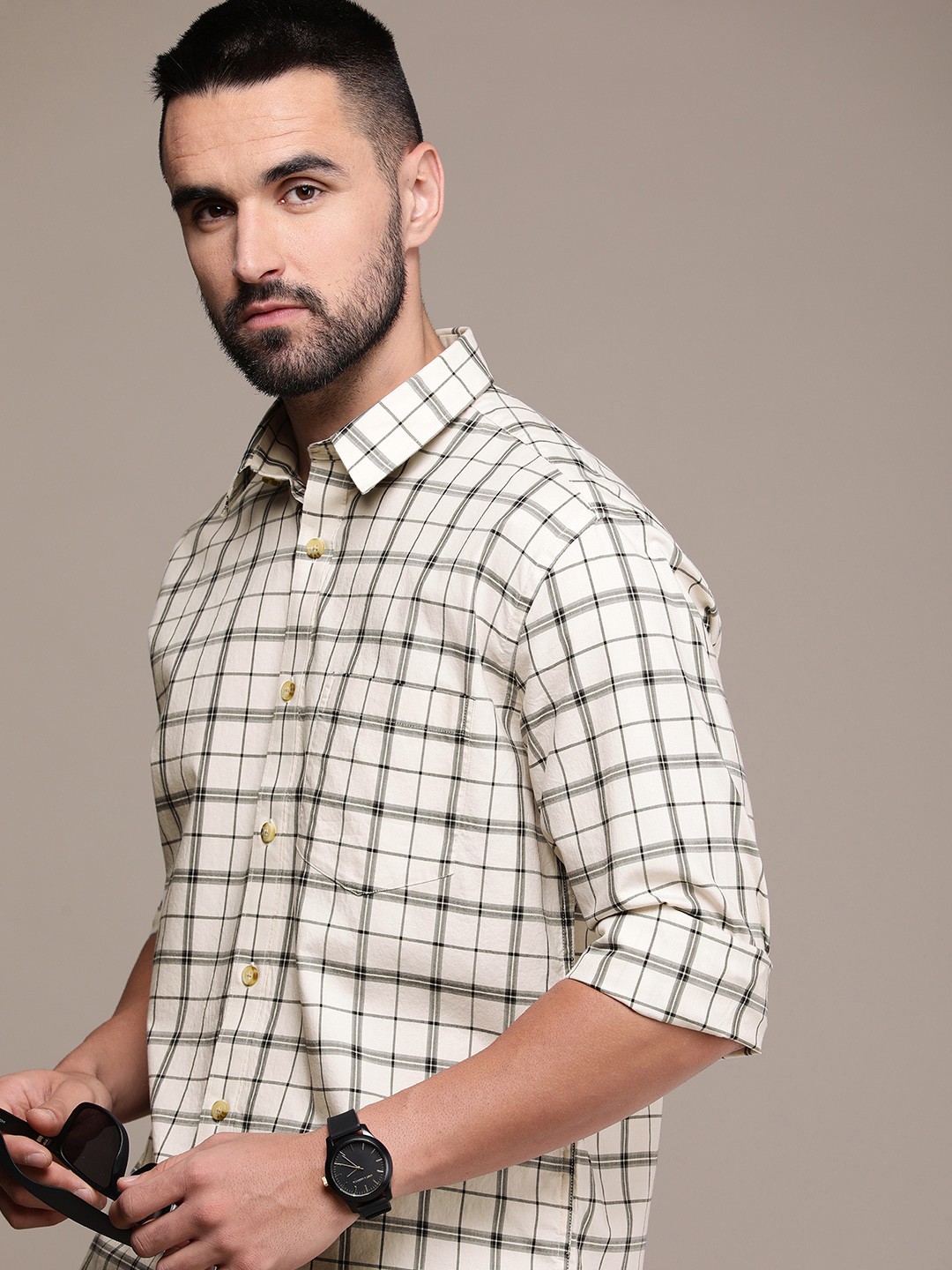 

Burnt Umber Men Checked Casual Shirt, Beige